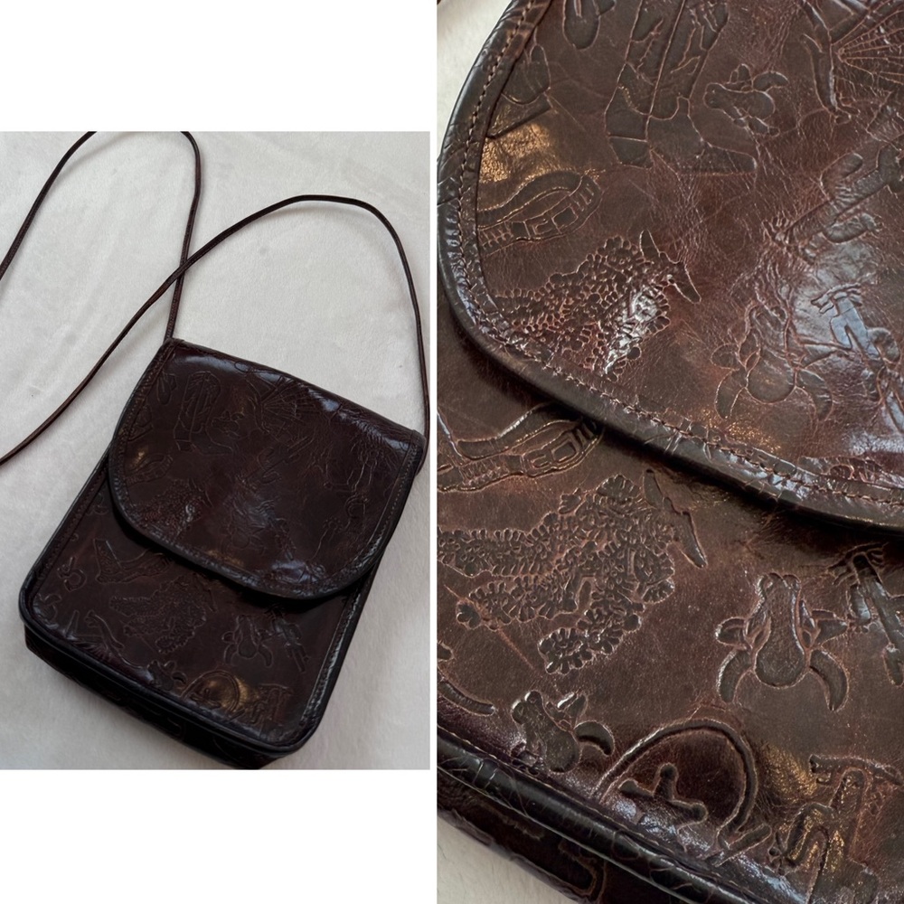 Carlos Falchi Western Cowboy Leather Brown Embossed Crossbody Bag